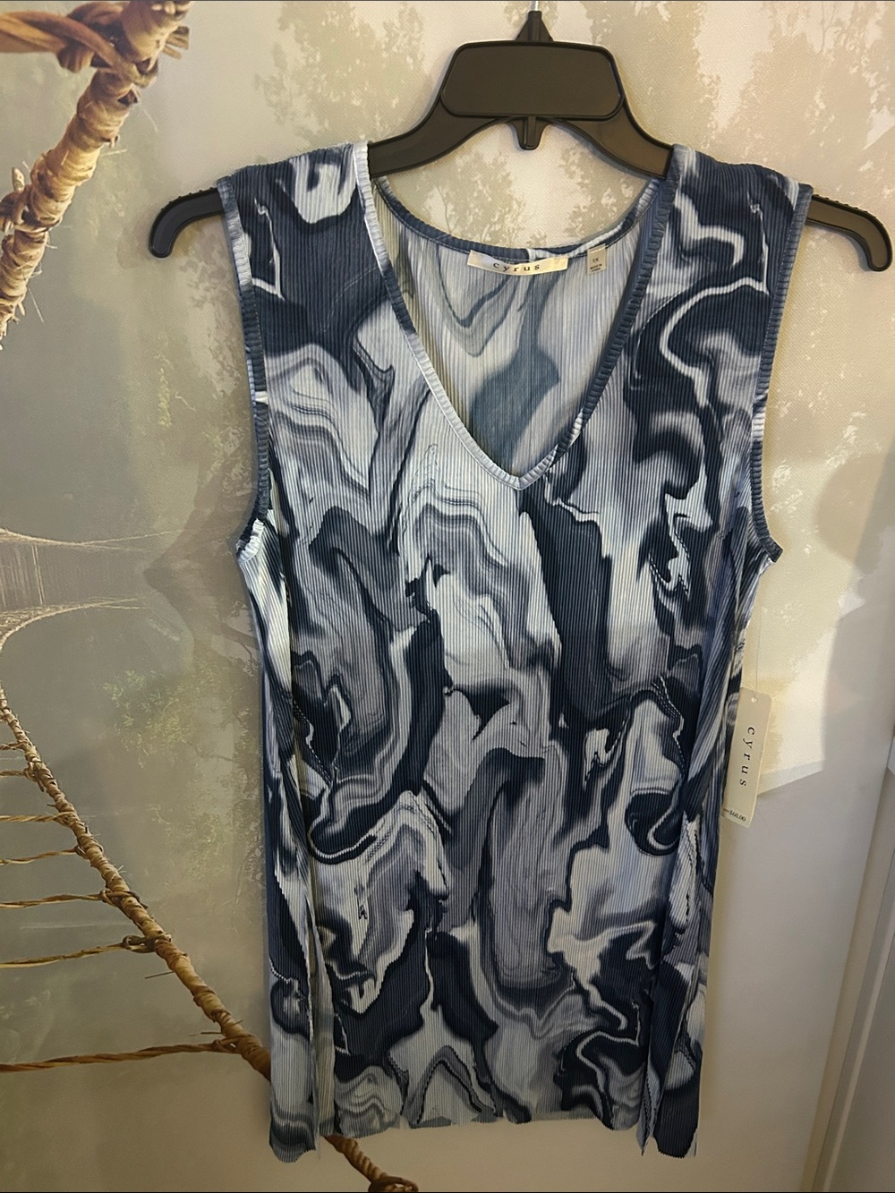 Cyrus Blue Marble-Print Ribbed V-Neck Tank